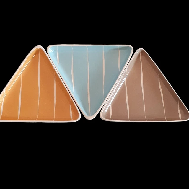 Vintage Elischer Australian Pottery 1950’s  3 Snack Dishes Triangle Stripes MCM