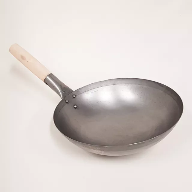 Iron Wok 350mm Round Base w Wooden Handle Chinese Asian Traditional Stir Fry 2