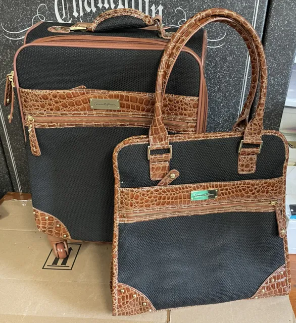 Samantha Brown Roller Suitcase & Travel Purse/Tote Brown Croc Black