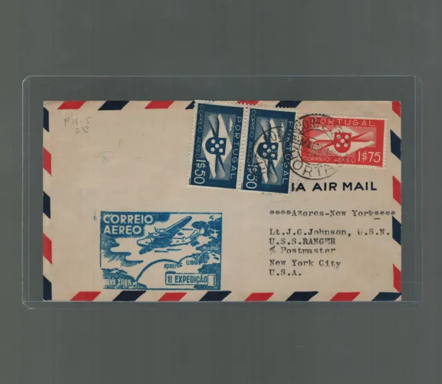 1939 PAN AM Airmail Cover Horta Azores to New York USS Ranger Lt Jessie ...