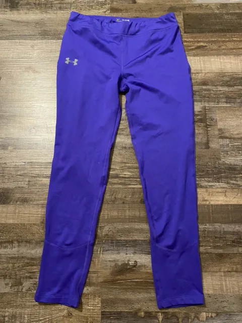 Under Armour Cold Gear Leggings Youth Girls Sz XL Fitted Blue Purple Stretch EUC
