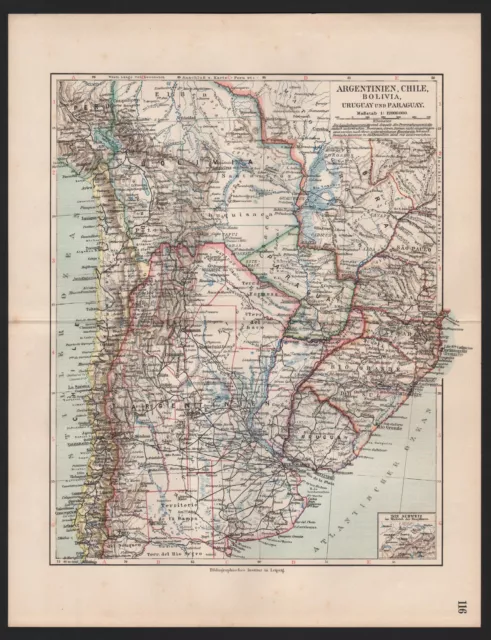 Landkarte map el mapa 1912: ARGENTINIEN, CHILE, BOLIVIA, URUGUAY UND PARAGUAY.