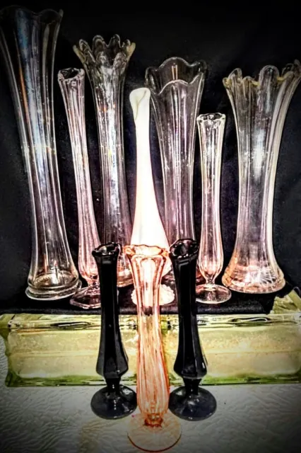 10 PC Lot Vintage Glass Table & Bud Swung Vases Black, Pink, Crystal