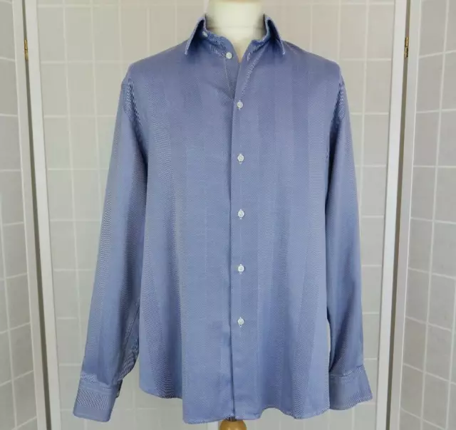 M&S Collezione Mens Shirt Size L Collar 16.5-17" Blue White Herringbone Cotton