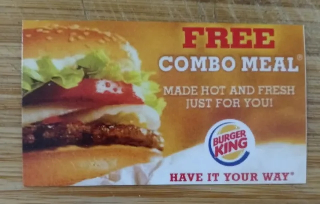 1 BURGER KING COMBO MEAL food  voucher gift card certificate   up to $16+ value!