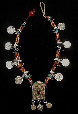 Morocco - Beautiful silver Berber necklace, enameled silver plaque, genuine cora