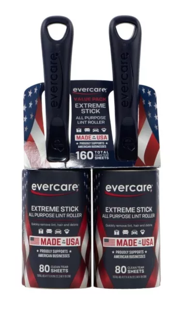 2 Pack Evercare EXTREME STICK GIANT Lint Roller 80 Sheets Easy Peel With Handle