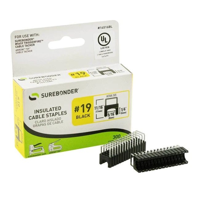 Surebonder Insulated Cable Staples, Black, for RG-6, RG-59 Network Cable, Coax,