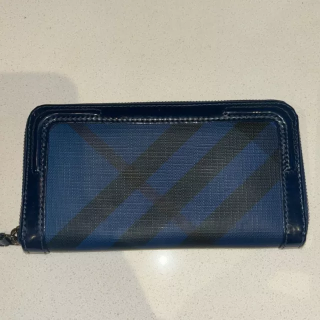 Authentic Burberry Blue Check Coated Canvas and Patent Leather Zip Around Wallet