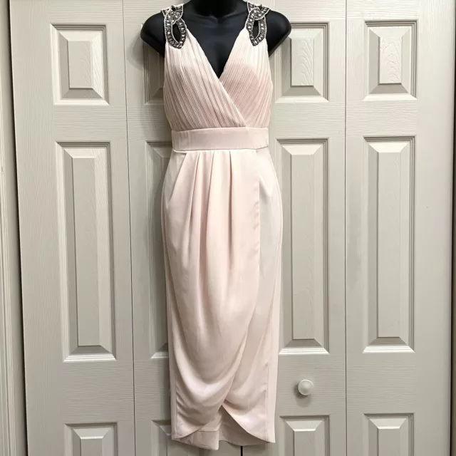 NWT TFNC London Embellished Wrap Midi Dress Blush Nude Prom Bridesmaid US6 UK10 2