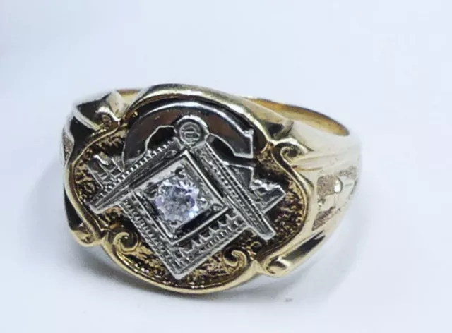 Antique marked 10k two tone gold w diamond Freemason Masonic ring size 9