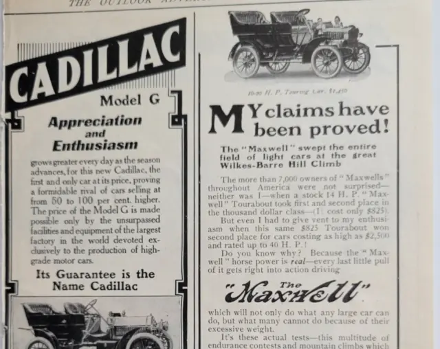 Vintage Car Auto Ads Cadillac G Maxwell-Briscoe The Outlook 1907 Original 6x9"