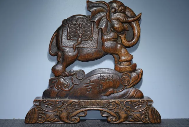 Chinese Vintage Rosewood Carved Elephant Statue Screen Wooden Home Decor Art