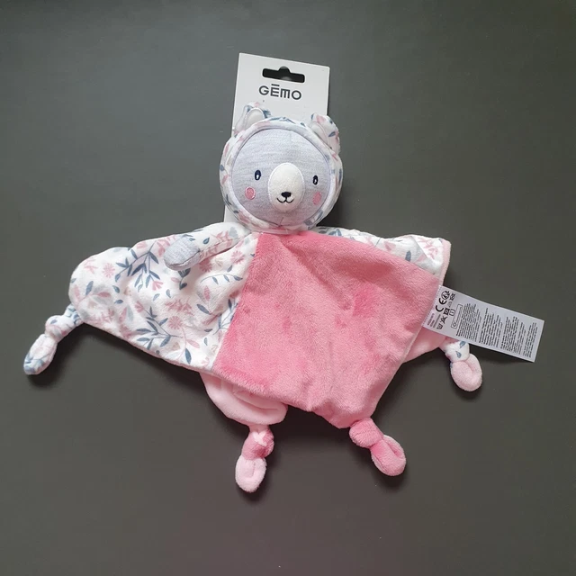 Doudou Plat Chat Ours Capuche Gris Rose Fleurs Blanc Gémo Nœuds Neuf