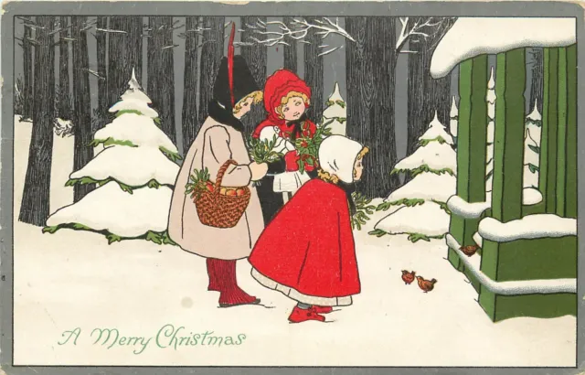 Christmas Postcard 641 Well Dressed Children in Snowy Forest Go for a Visit