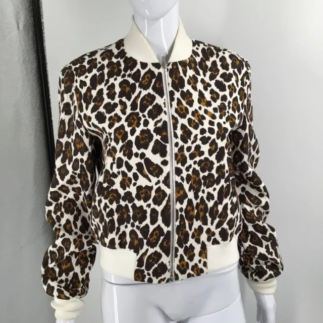 Stella Mccartney Womens Bomber Jacket Beige Leopard Print Zip Up Pockets 4-6/40