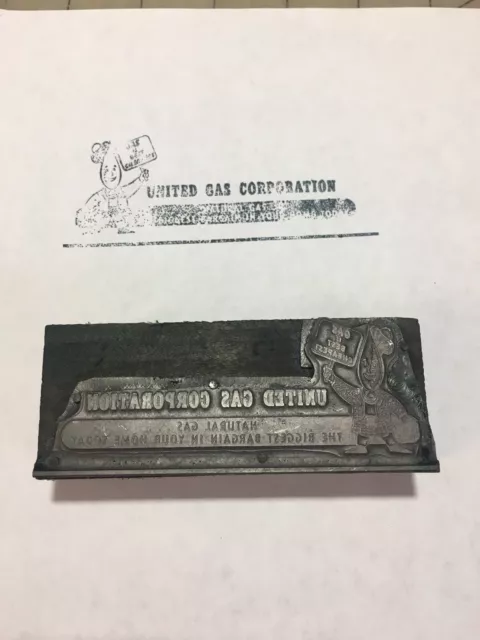 Letterpress Printing Block United Gas Corporation 4" x 1 1/2" Vintage