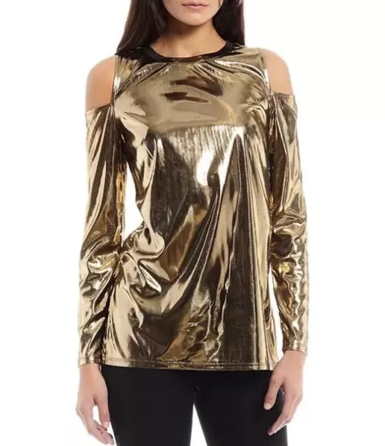 Michael Kors Womens Gold Metallic Foil Cold Shoulder Top Size small New