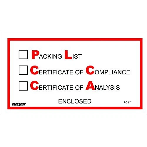 BOX USA BPL97"Packing List/Cert of Compliance/Cert. of Analysis Enclosed" Env...