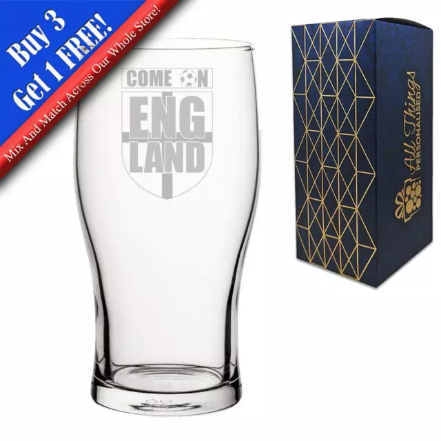 Engraved Football Pint Glass, Come On England Football Shield Design, Gift Boxed