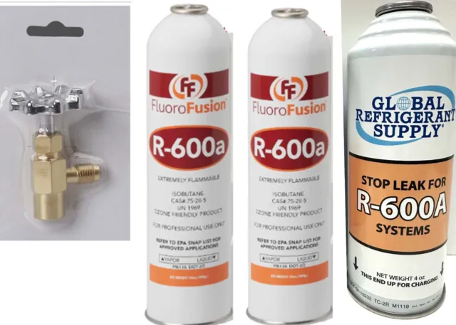 R600a, (2) 14 oz. Cans & Stop Leak Can, FluoroFusion, Refrigerant Isobutane
