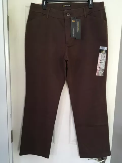 NWT Women's Lee Wrinkle Free Relaxed Fit Straight Leg Mid Rise Pants Brown 14 S