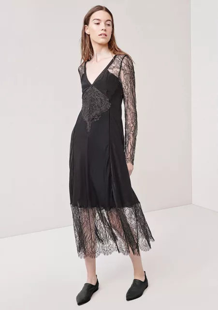 Thakoon Chantilly Lace silk black long sleeves haute evening midi dress NWT 4