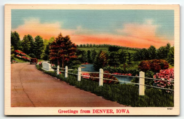 Greetings from Denver Iowa IA Linen Postcard Car on Road Along River UNP