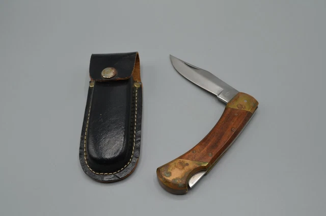 Vintage Hunting Knife Lockback Folding Blade Pakistan w/ Leather Sheath