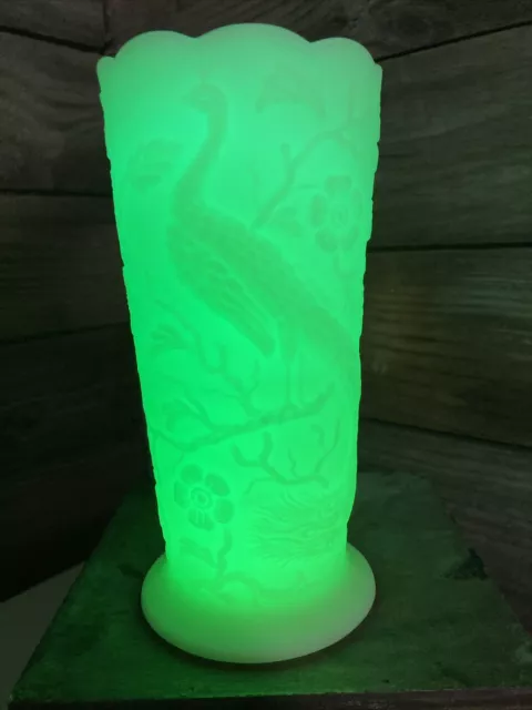 Vintage 1930s Fenton Uranium Glass Peacock Vase Custard Satin Lime Sherbet