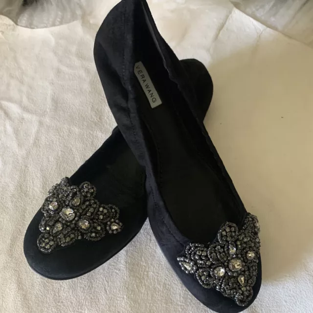 Vera Wang Lavender Black Suede Beaded flat shoes $295 US5.5