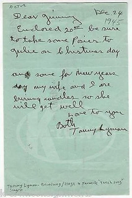 Tommy Lyman Torch Song Singer & Stage Actor Autograph Signed Christmas Letter