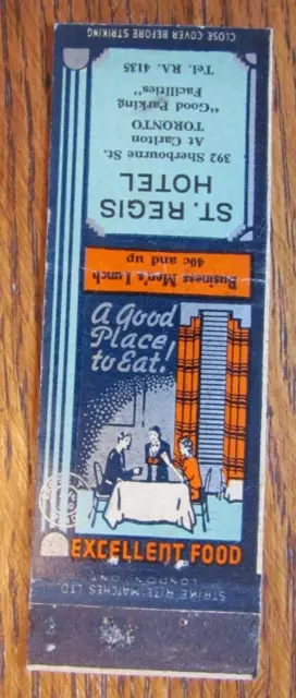 CANADIAN TAX STAMP MATCHBOOK COVER: ST. REGIS HOTEL TORONTO 1930s MATCHCOVER D30