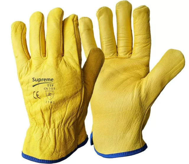 10 X Premium Leather Yellow Driver Gloves Fleece Lined Lorry Driving Work Glove