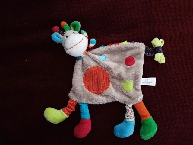 Doudou girafe samba tous rond orange écharpe rayé vert bleu rouge blanc