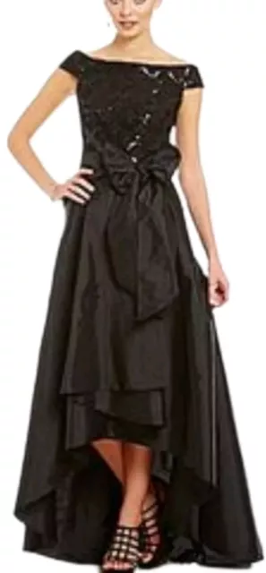 Adrianna Papell black taffeta off the shoulder sequin hi low evening gown 10 NWT