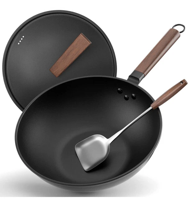 Todlabe antiadherente Wok, sartén de acero al carbono de 13 pulgadas con tapa woks y sartenes para freír
