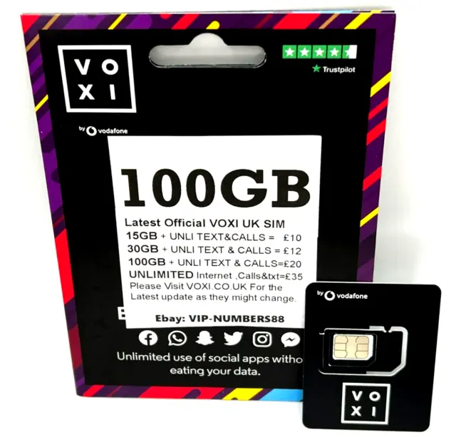 VOXI Sim Card £20 Pack 100GB Data&Unlimited Social Media Calls SMS PAY AS YOU GO