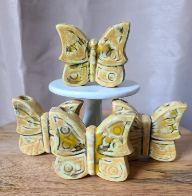 Vintage Butterfly Ceramic Macrame Yellow Gold Green Brown Drip Glaze  set of 4