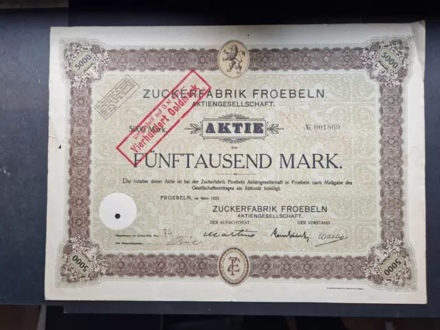 Zuckerfabrik Froebeln AG 5000 Mark 1923 Froebeln Schlesien