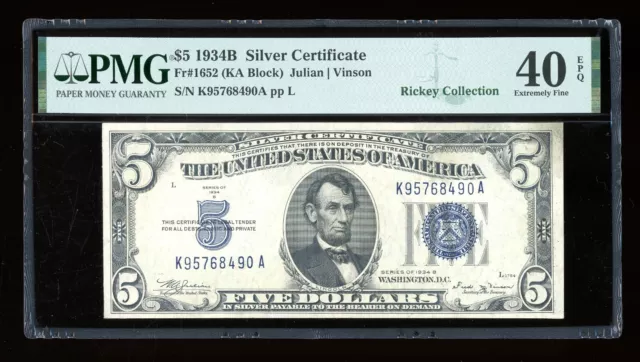 DBR 1934-B $5 Silver Fr. 1652 Vinson KA Block PMG XF-40 EPQ Serial K95768490A
