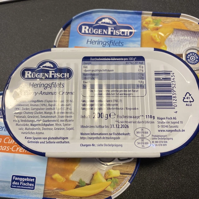 3x Rügenfisch HERINGSFILET Curry Ananas CREME Rügen Fisch 3x200g 3