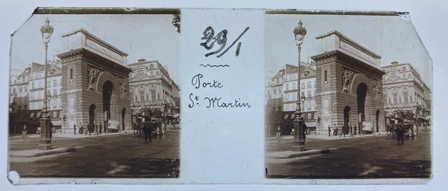 PARIS 1900 PORT SAINT MARTIN PLAQUE STEREO 45x107 VERRE STEREOSCOPIQUE VERASCOPE