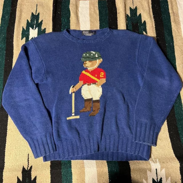 Polo Ralph Lauren Bear Royal King Bear Hand Knit Sweater M Used Japan Vintage