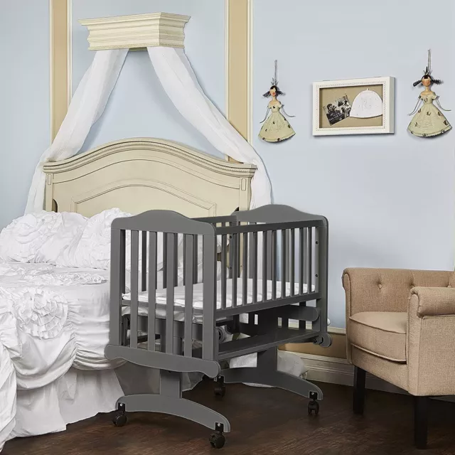 Gray Baby Crib with Mattress Pad Portable Wood Glider Rocking Nursery Furniture