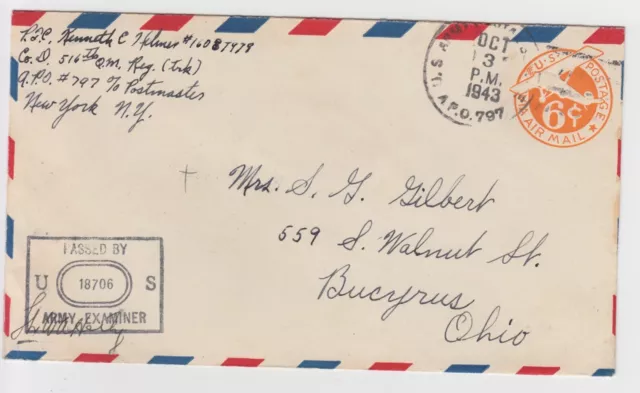 WW2 United States 516th QM Regiment Andimeshk Gulf Air Mail censor Cover APO 797