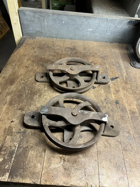Antique Old 8 Primitive Cast Iron Barn Door Rollers Pulleys Hangers Pair Set USA
