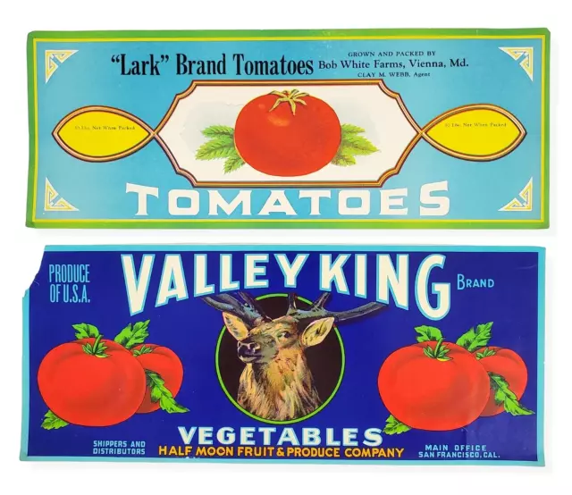 Lark Brand Tomatoes & Valley King Brand Vegetables Vtg Original Crate Labels