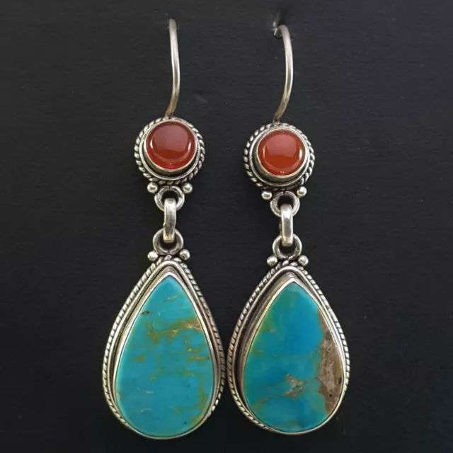 Old 925 Sterling Silver Turquoise Carnelian Stone Nepal Tibetan Earrings Vintage