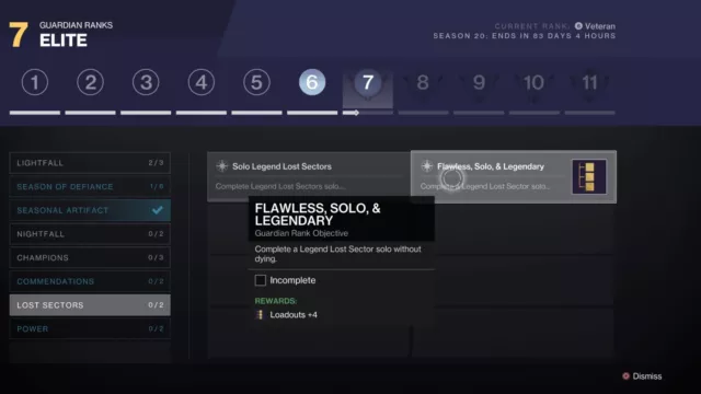 Solo Flawless Legend Lost Sector Completion (Guardian Ranks) - PS4/5/Xbox